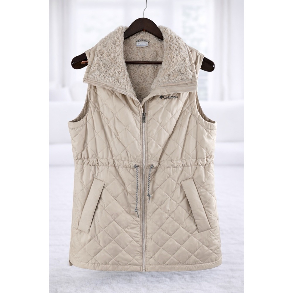 Columbia Copper‎ Crest Mid Vest Beige Puffer Quilted Faux Fur Lining Women's L